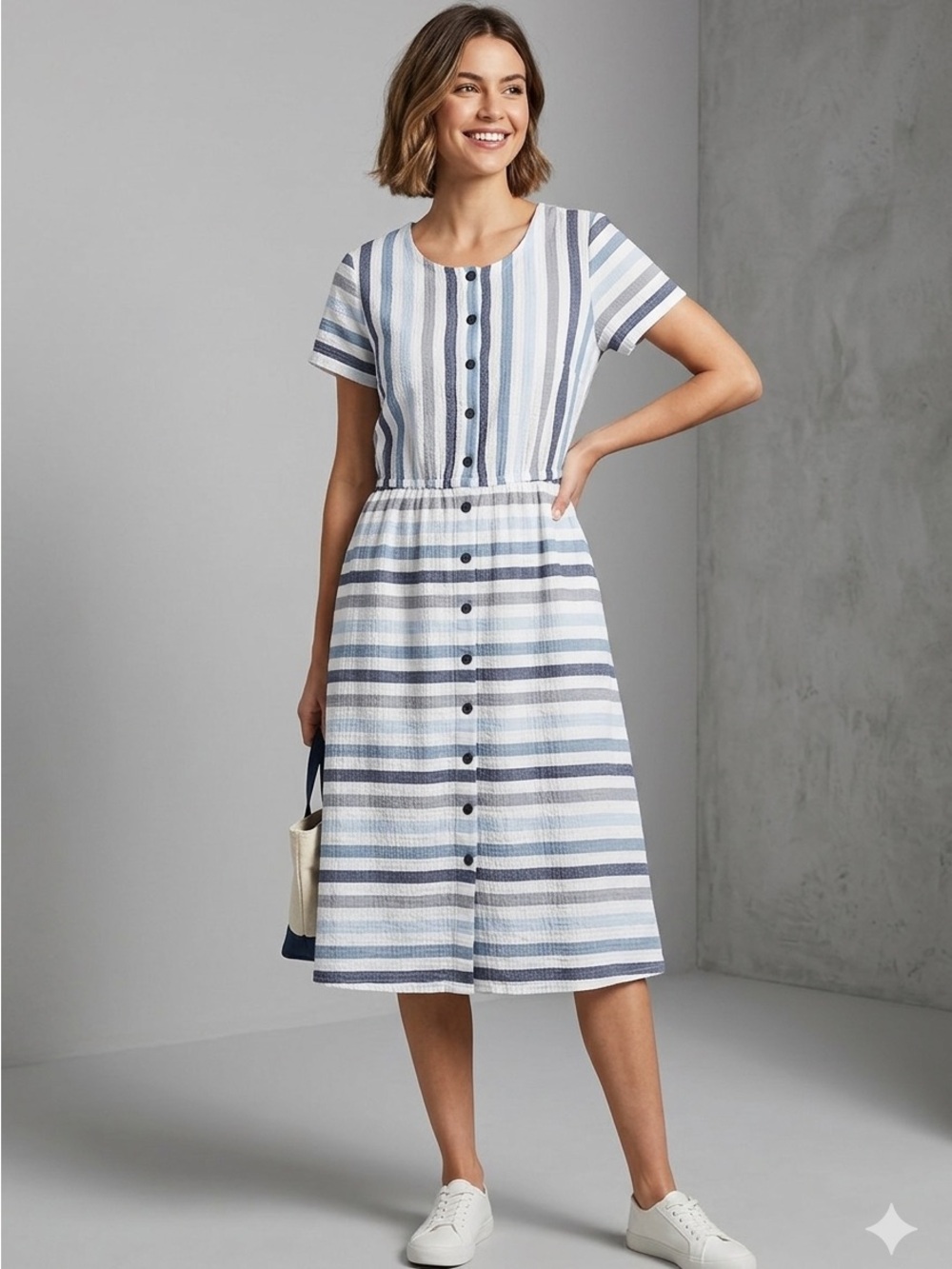 Striped Button-Front Midi Dress in Blue and White, Handmade Mennonite, Small